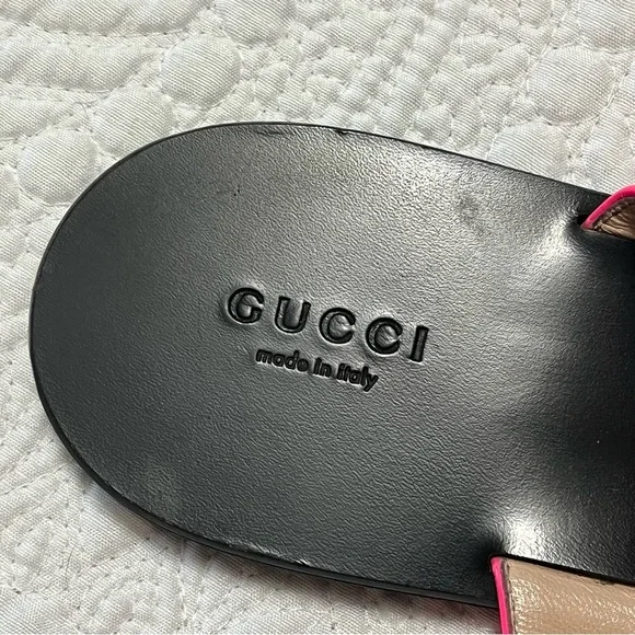 GUCCI Marmont Double GG Hot Pink T Strap Flat Sandal Black Leather Size 40.5